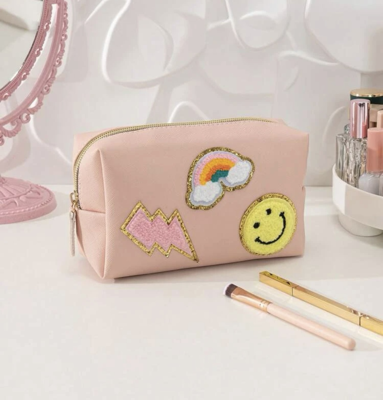Peach Chenille Patch Cosmetic Bag