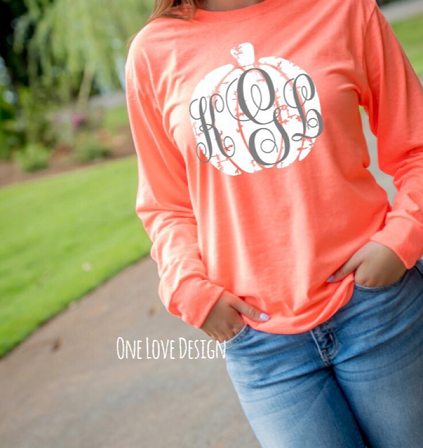 Distressed Pumpkin with Initials tee