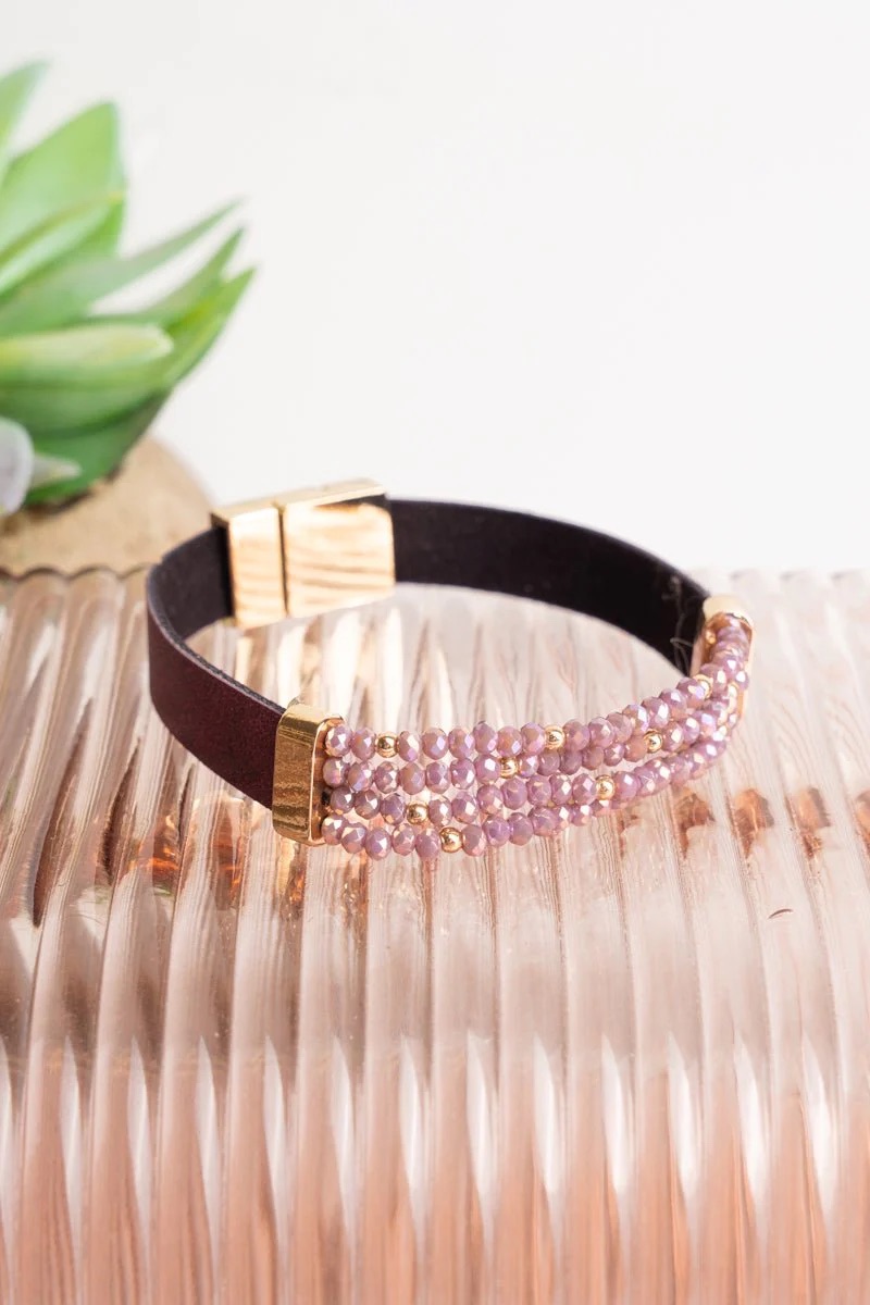 PURPLE FAUX LEATHER WITH GLASS BEAD MAGNETIC BRACELET