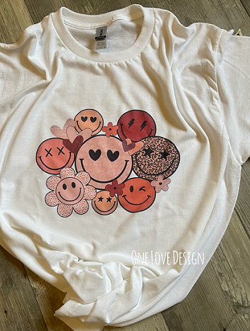 Retro Smiley Face and Flower Valentine Sublimation Tee