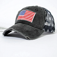 Dark Gray American Flag Embroidery Ripped Trucker Hat